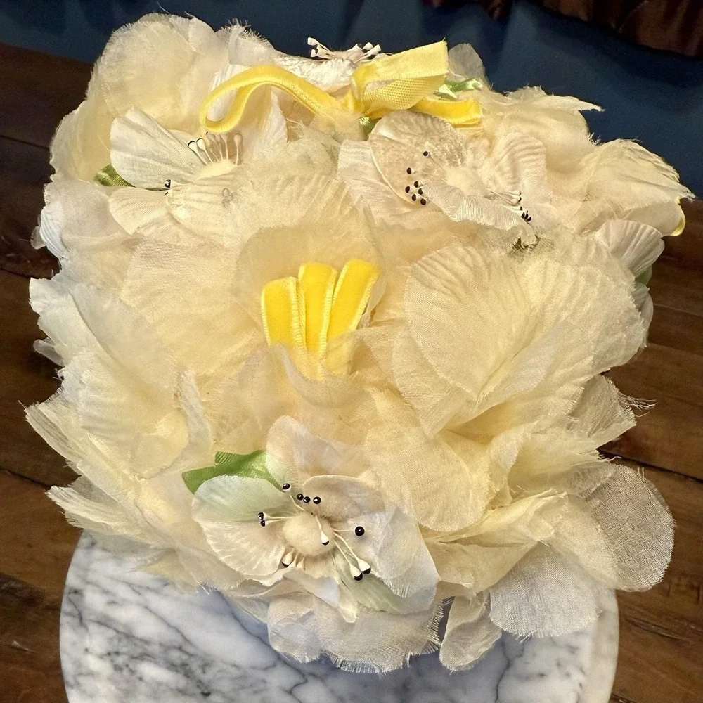VTG 1950s 50s MCM Women Cream Floral Yellow Velvet Trim Hat Cap‎ Lace Lined